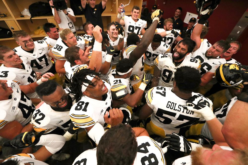 The Iowa Hawkeyes celebrate their victory over the Iowa State Cyclones Saturday, September 14, 2019 in Ames, Iowa. (Brian Ray/hawkeyesports.com)