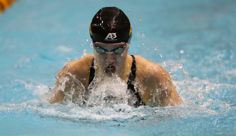 Iowa's Sage Ohlensehlen swims the breastroke leg of the 200-yard medley relay during the third day of the Hawkeye Invitational at the Campus Recreation and Wellness Center on November 16, 2018. (Tork Mason/hawkeyesports.com)
