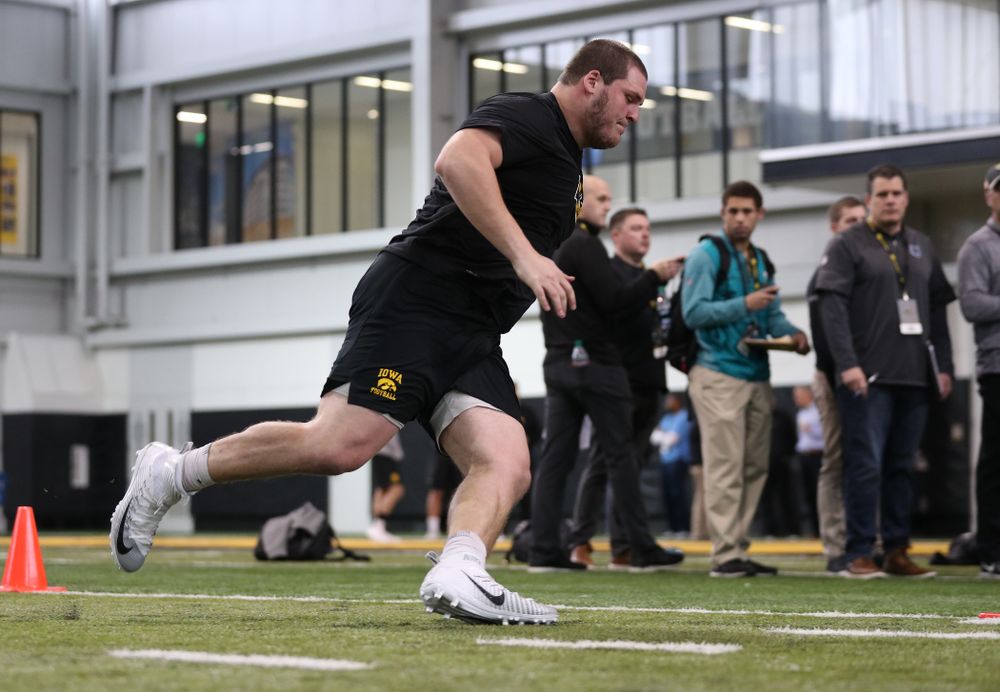 Iowa Hawkeyes offensive lineman Keegan Render (69) during the teamÕs annual Pro Day Monday, March 25, 2019 at the Hansen Football Performance Center. (Brian Ray/hawkeyesports.com)