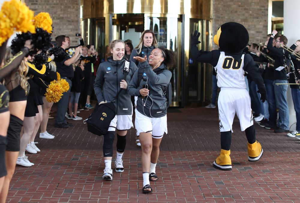 Iowa Hawkeyes guard Alexis Sevillian (5) during a send off at the hotel before their game against the NC State Wolfpack in the regional semi-final of the 2019 NCAA Women's College Basketball Tournament Saturday, March 30, 2019 at Greensboro Coliseum in Greensboro, NC.(Brian Ray/hawkeyesports.com)