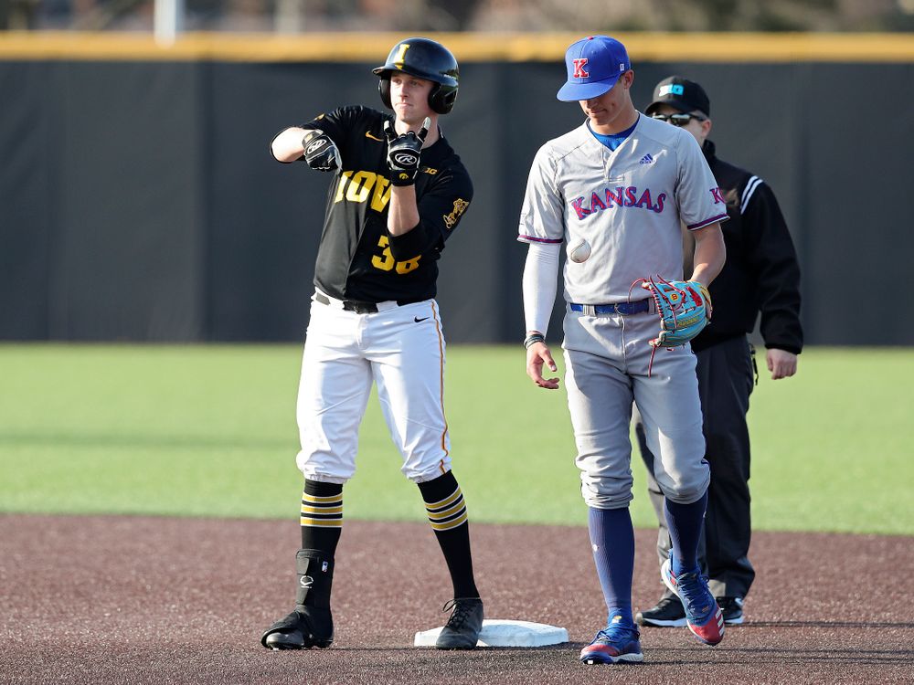Iowa designated hitter Trenton Wallace (38) celebrates after hitting an RBI double during the third inning of their college baseball game at Duane Banks Field in Iowa City on Tuesday, March 10, 2020. (Stephen Mally/hawkeyesports.com)