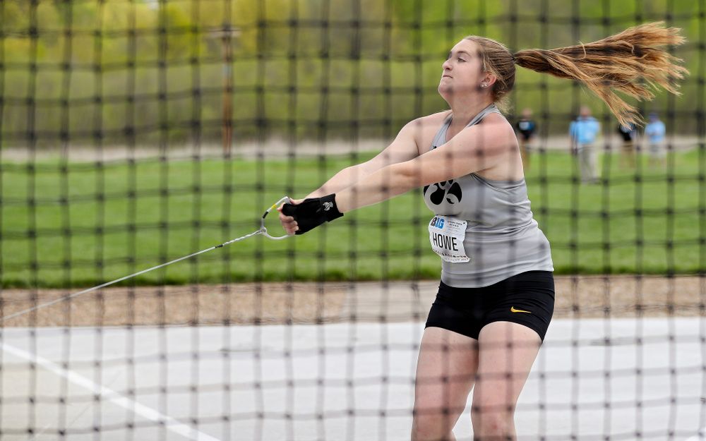 Iowa's Amanda Howe throws during the women’s hammer throw event on the first day of the Big Ten Outdoor Track and Field Championships at Francis X. Cretzmeyer Track in Iowa City on Friday, May. 10, 2019. (Stephen Mally/hawkeyesports.com)