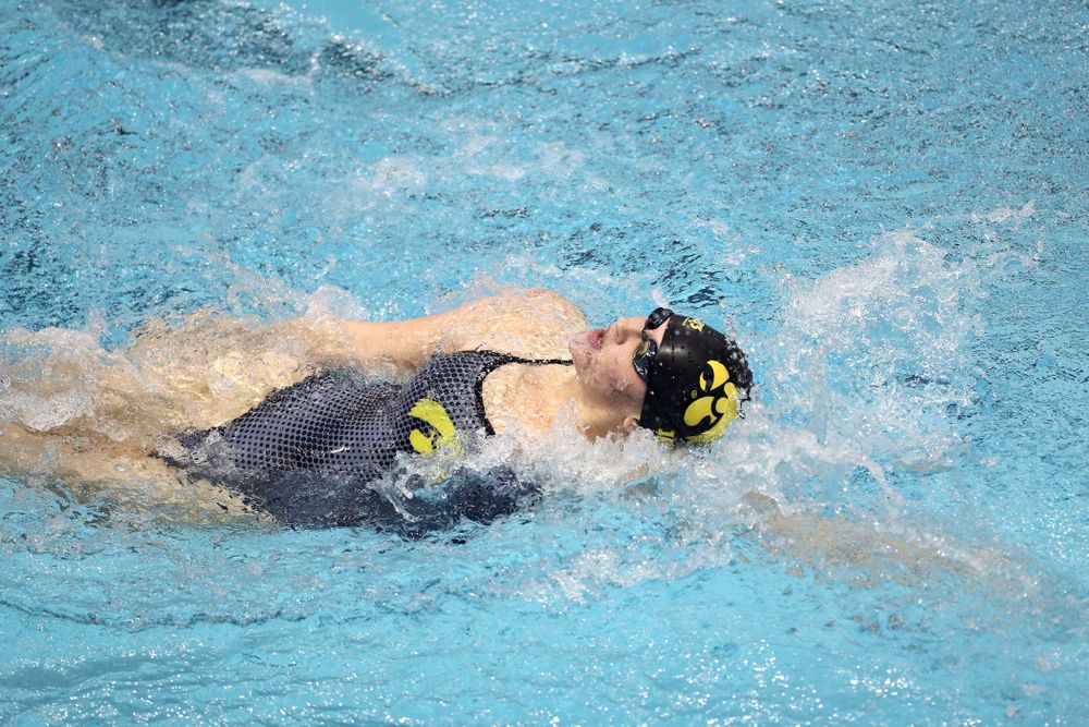 IowaÕs Erin Lang swims the 200 yard backstroke against the Michigan Wolverines Friday, November 1, 2019 at the Campus Recreation and Wellness Center. (Brian Ray/hawkeyesports.com)