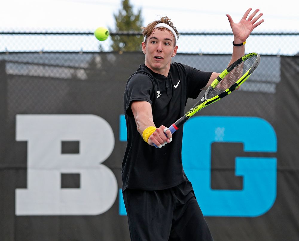 Iowa's Nikita Snezhko competes during a match against Ohio State at the Hawkeye Tennis and Recreation Complex in Iowa City on Sunday, Apr. 7, 2019. (Stephen Mally/hawkeyesports.com)