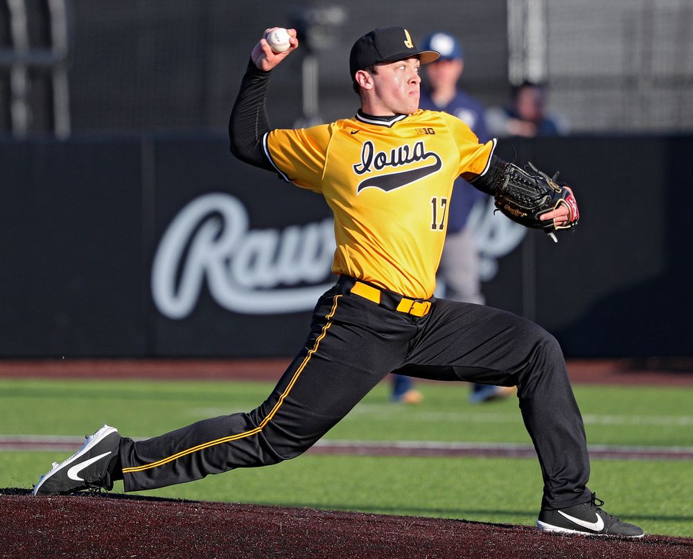 Iowa Hawkeyes pitcher Clayton Nettleton (17) delivers to the plate during the seventh inning of their game at Duane Banks Field in Iowa City on Tuesday, Apr. 2, 2019. (Stephen Mally/hawkeyesports.com)