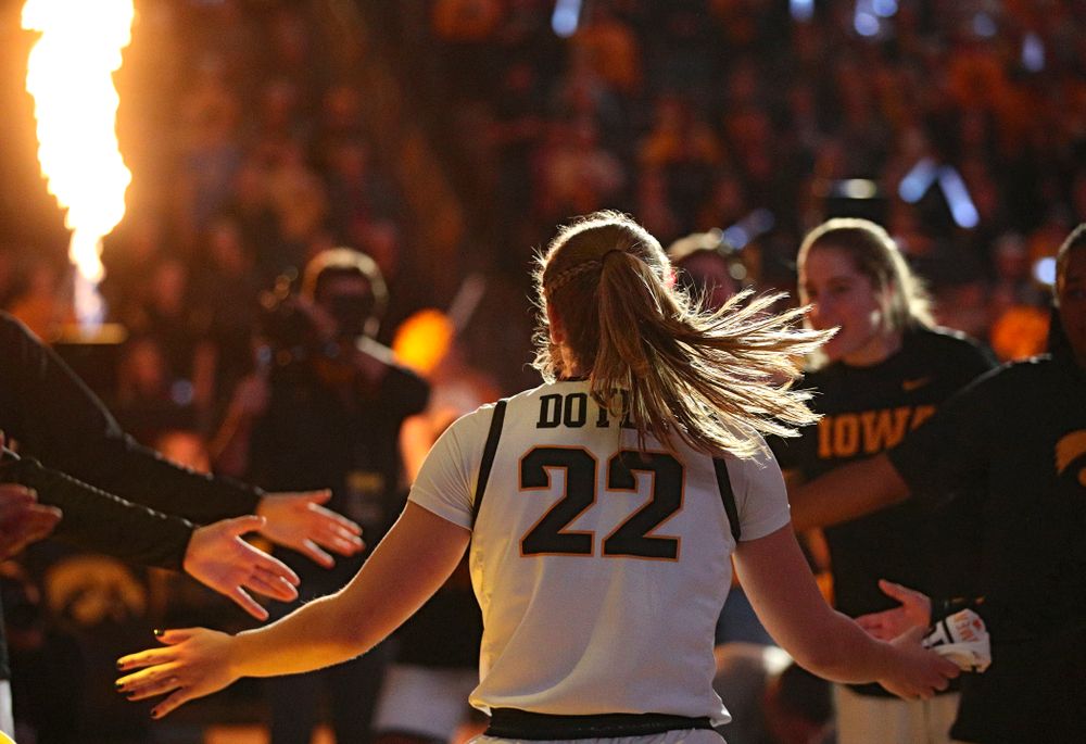 Iowa Hawkeyes guard Kathleen Doyle (22) is introduced before the game at Carver-Hawkeye Arena in Iowa City on Thursday, February 6, 2020. (Stephen Mally/hawkeyesports.com)