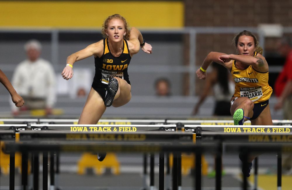 Iowa's Kylie Morken competes in the 60-meter hurdles during the Black and Gold Premier meet Saturday, January 26, 2019 at the Recreation Building. (Brian Ray/hawkeyesports.com)