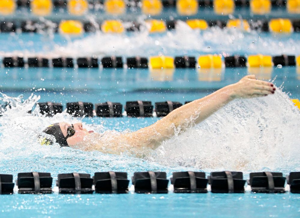 Iowa’s Millie Sansome swims the backstroke section in the women’s 400 yard medley relay event during their meet at the Campus Recreation and Wellness Center in Iowa City on Friday, February 7, 2020. (Stephen Mally/hawkeyesports.com)