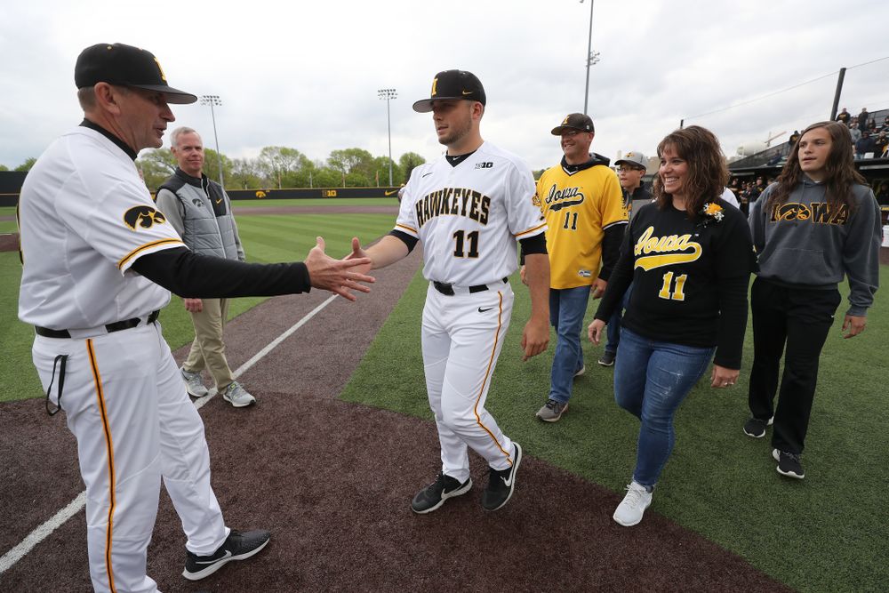 Iowa Hawkeyes Cole McDonald (11) during senior day festivities before their game against Michigan State Sunday, May 12, 2019 at Duane Banks Field. (Brian Ray/hawkeyesports.com)