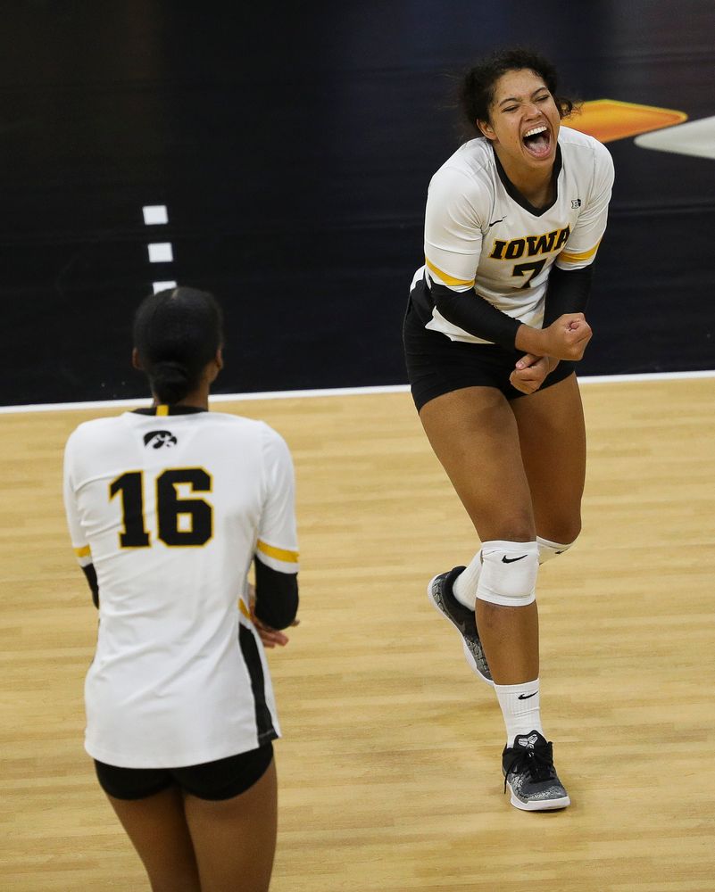 Iowa Hawkeyes setter Brie Orr (7) celebrates after winning a point during a match against Rutgers at Carver-Hawkeye Arena on November 2, 2018. (Tork Mason/hawkeyesports.com)
