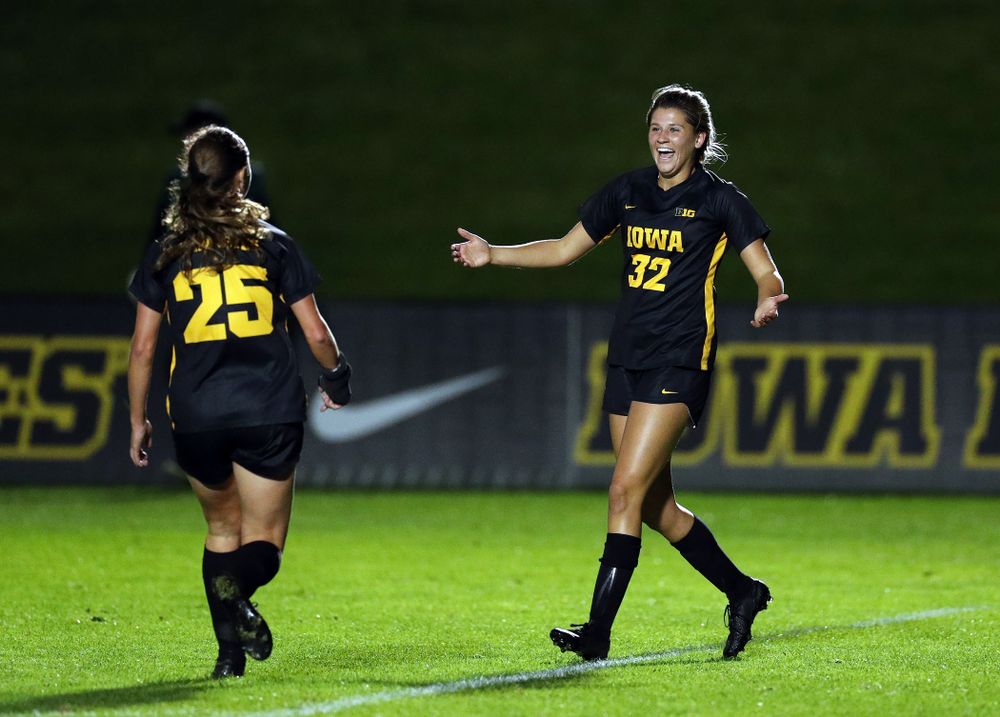 Iowa Hawkeyes forward Gianna Gourley (32) celebrates after scoring against the Nebraska Cornhuskers Thursday, October 3, 2019 at the Iowa Soccer Complex. (Brian Ray/hawkeyesports.com)