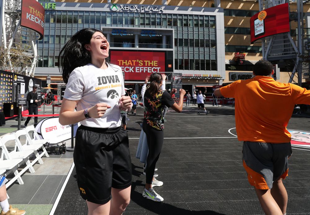 Iowa Hawkeyes forward Megan Gustafson (10) during a Special Olympics event Friday, April 12, 2019 as part of the ESPN College Basketball Awards in the XBOX Plaza at LA Live.  (Brian Ray/hawkeyesports.com)