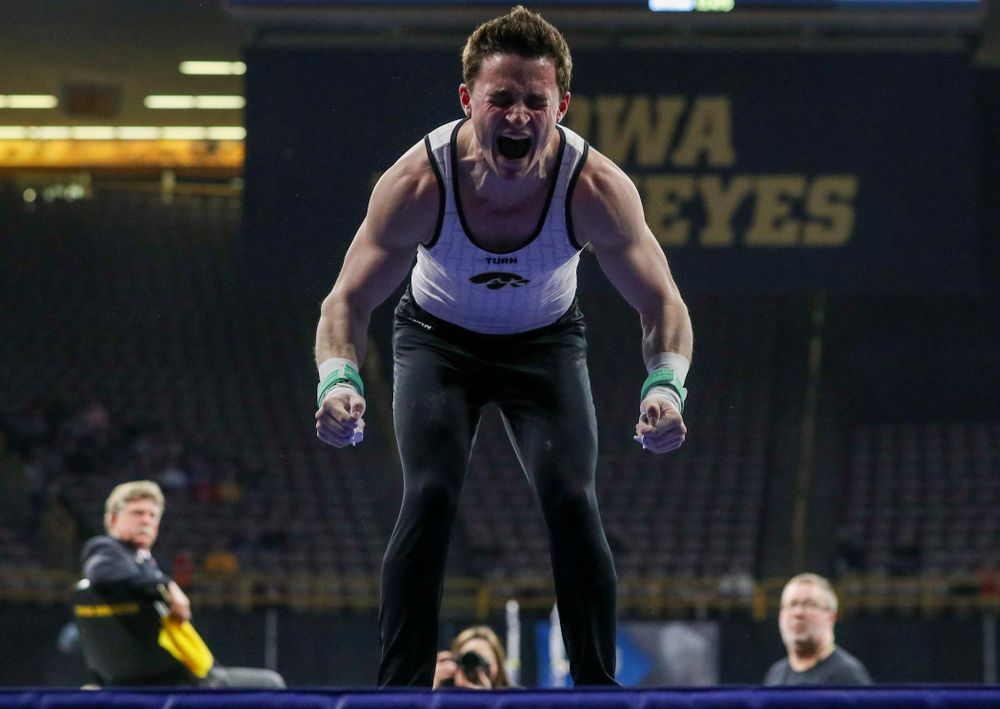 Iowa's Jake Brodarzon competes in the rings during the second day of the Big Ten Men's Gymnastics Championships at Carver-Hawkeye Arena in Iowa City on Saturday, Apr. 6, 2019. (Stephen Mally/hawkeyesports.com)