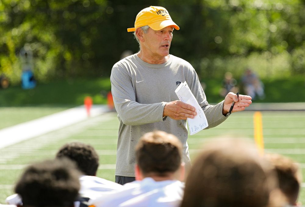 Iowa Hawkeyes head coach Kirk Ferentz talks with the team during Fall Camp Practice No. 13 at the Hansen Football Performance Center in Iowa City on Friday, Aug 16, 2019. (Stephen Mally/hawkeyesports.com)