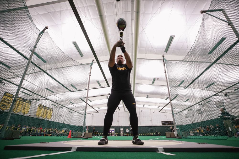 Iowa's Laulauga Tausaga sets a school record in the weight throw  Friday, January 11, 2019 at the Hawkeye Tennis and Recreation Center. Tausaga set the new mark with a throw of 20.67m, 67-9 3/4. (Brian Ray/hawkeyesports.com)