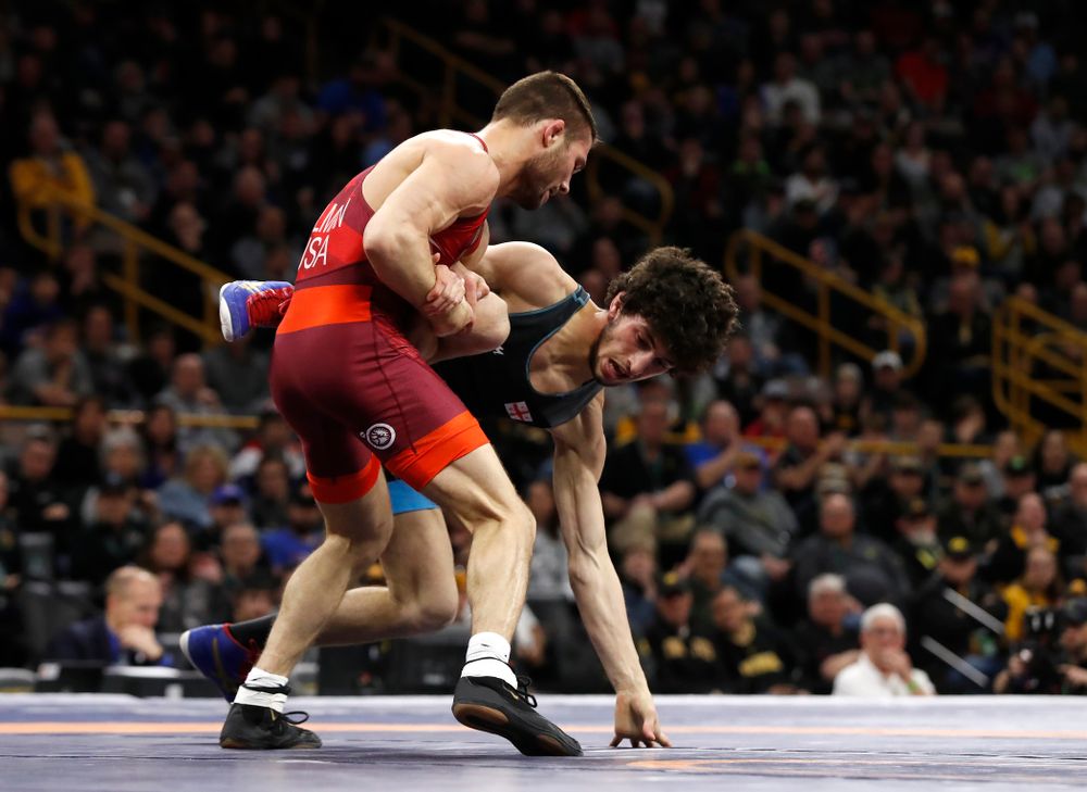 Thomas Gilman during session three of the United World Wrestling Freestyle World Cup Sunday, April 8, 2018 at Caver-Hawkeye Arena. (Brian Ray/hawkeyesports.com)