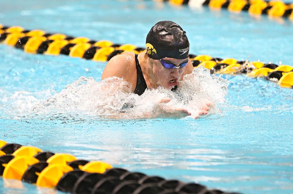 Iowa’s Sage Ohlensehlen swims the breaststroke section of the 200 yard medley relay event during the 2020 Big Ten Women’s Swimming and Diving Championships at the Campus Recreation and Wellness Center in Iowa City on Wednesday, February 19, 2020. (Stephen Mally/hawkeyesports.com)