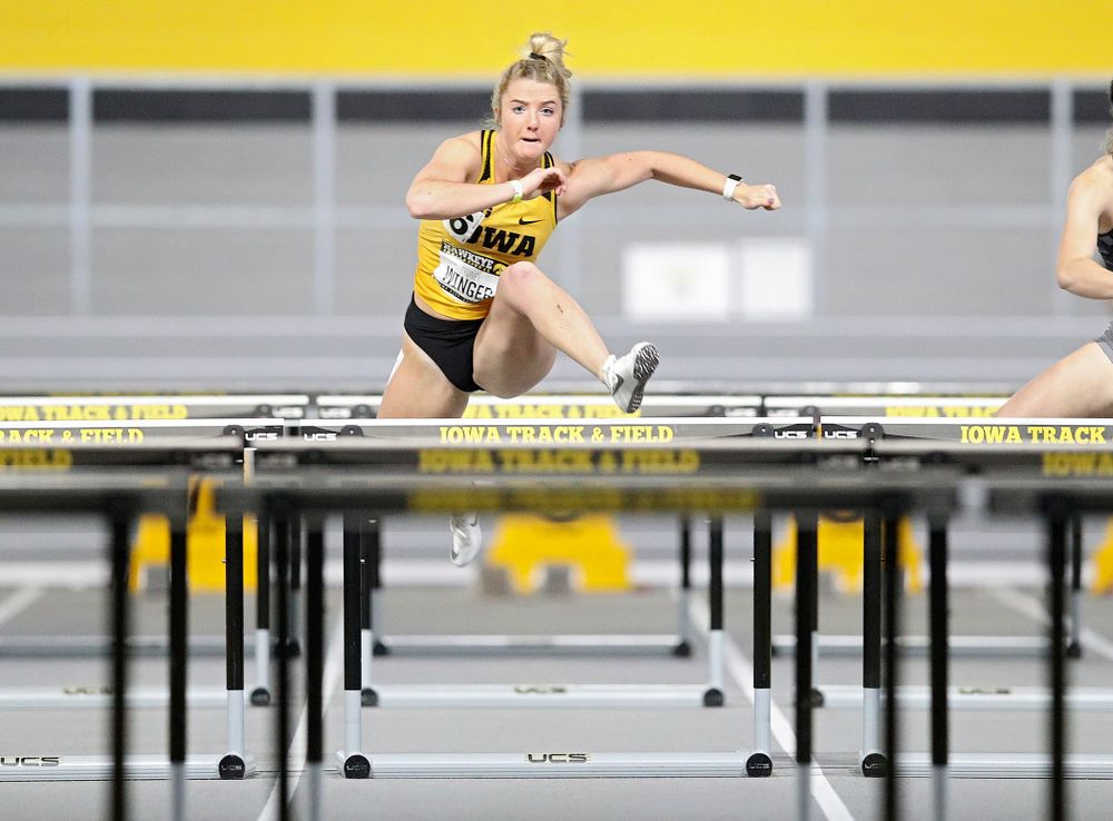 Iowa’s Sydney Winger runs the women’s 60 meter hurdles event during the Hawkeye Invitational at the Recreation Building in Iowa City on Saturday, January 11, 2020. (Stephen Mally/hawkeyesports.com)