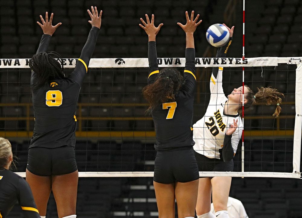 Iowa’s Edina Schmidt (20) during the first set of the Black and Gold scrimmage at Carver-Hawkeye Arena in Iowa City on Saturday, Aug 24, 2019. (Stephen Mally/hawkeyesports.com)