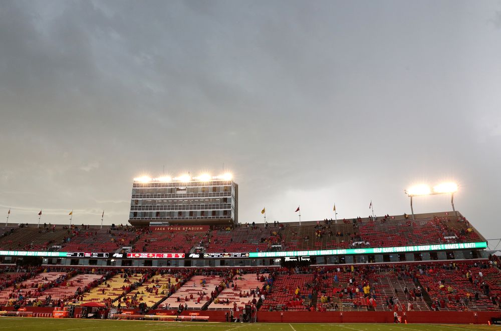 A weather delay stops the Iowa Hawkeyes game against the Iowa State Cyclones Saturday, September 14, 2019 at Jack Trice Stadium in Ames, Iowa. (Brian Ray/hawkeyesports.com)