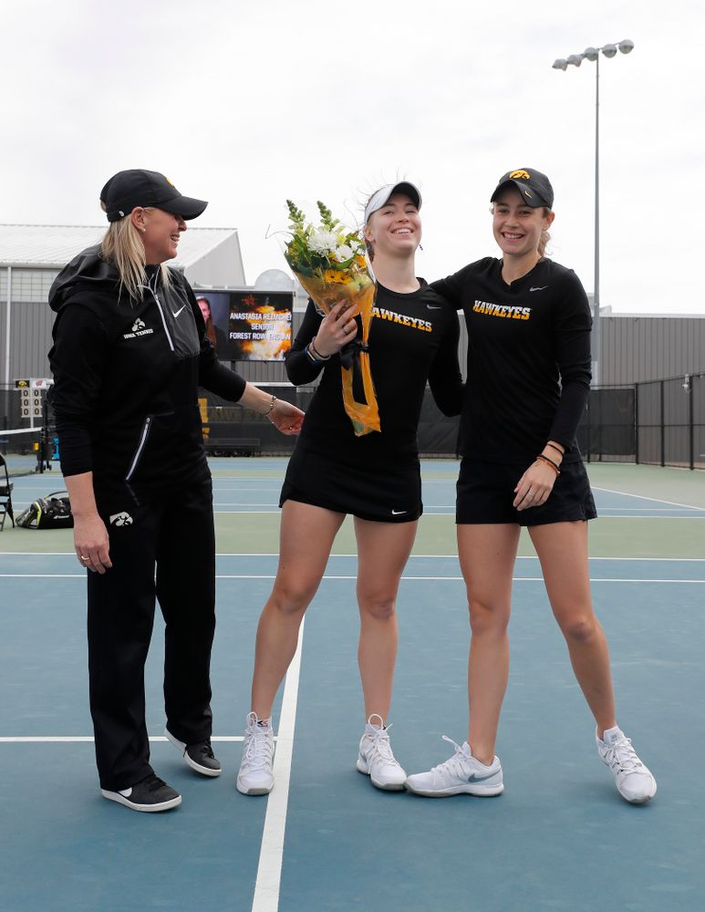 Iowa's Anastasia Reimchen during Senior Day activities before their match against the Wisconsin Badgers Sunday, April 22, 2018 at the Hawkeye Tennis and Recreation Center. (Brian Ray/hawkeyesports.com)
