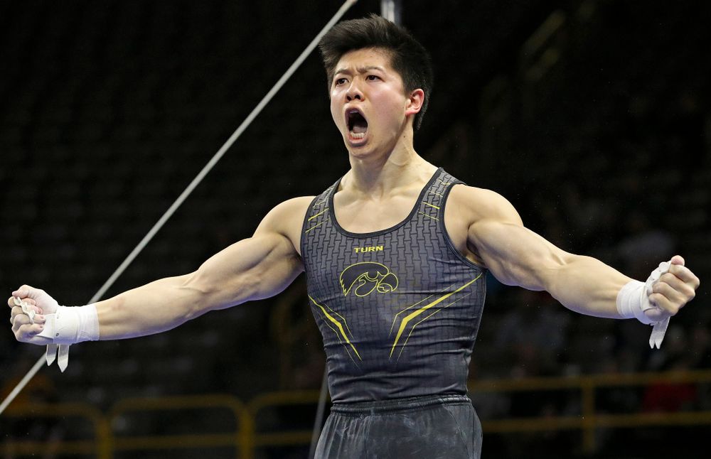 Iowa's Bennet Huang is pumped up after competing in the horizontal bar during the first day of the Big Ten Men's Gymnastics Championships at Carver-Hawkeye Arena in Iowa City on Friday, Apr. 5, 2019. (Stephen Mally/hawkeyesports.com)