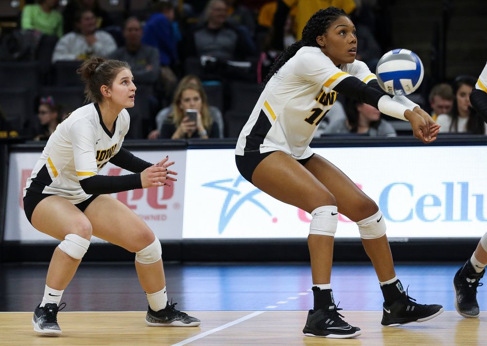 Iowa Hawkeyes outside hitter Taylor Louis (16) bumps the ball during a match against Maryland at Carver-Hawkeye Arena on November 23, 2018. (Tork Mason/hawkeyesports.com)