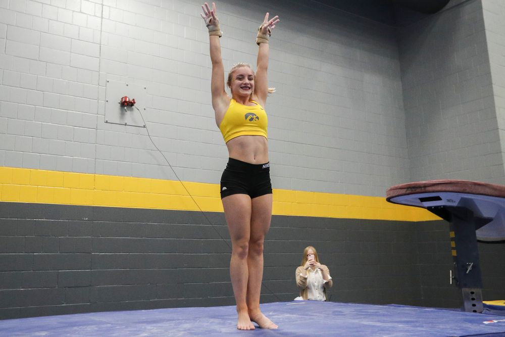 Lauren Guerin dismounts from the vault during the Iowa women’s gymnastics Black and Gold Intraquad Meet on Saturday, December 7, 2019 at the UI Field House. (Lily Smith/hawkeyesports.com)