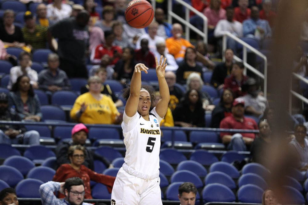 Iowa Hawkeyes guard Alexis Sevillian (5) against the NC State Wolfpack in the regional semi-final of the 2019 NCAA Women's College Basketball Tournament Saturday, March 30, 2019 at Greensboro Coliseum in Greensboro, NC.(Brian Ray/hawkeyesports.com)