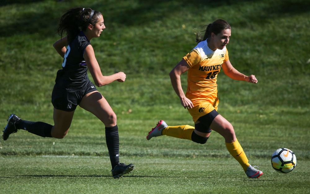 Iowa Hawkeyes forward Rose Ripslinger (15) dribbles the ball during a game against Northwestern at the Iowa Soccer Complex on October 21, 2018. (Tork Mason/hawkeyesports.com)