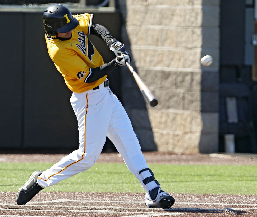Iowa Hawkeyes shortstop Tanner Wetrich (16) bats during the sixth inning against Illinois at Duane Banks Field in Iowa City on Sunday, Mar. 31, 2019. (Stephen Mally/hawkeyesports.com)