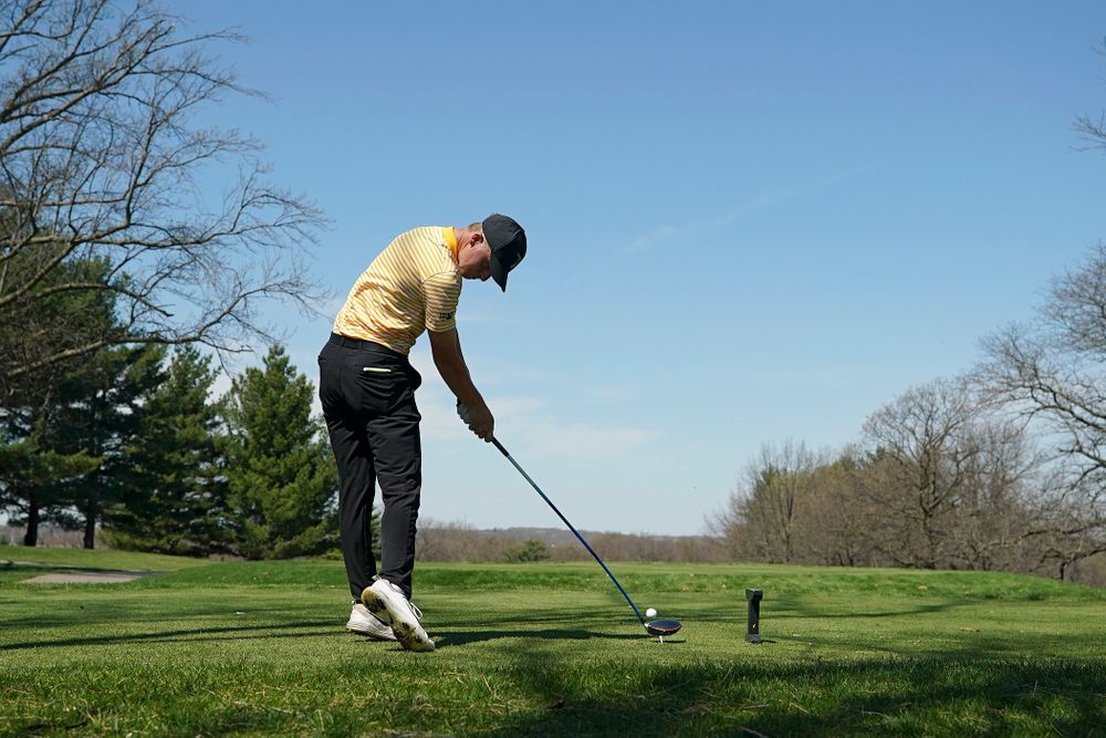 Iowa's Benton Weinberg tees off during the third round of the Hawkeye Invitational at Finkbine Golf Course in Iowa City on Sunday, Apr. 21, 2019. (Stephen Mally/hawkeyesports.com)