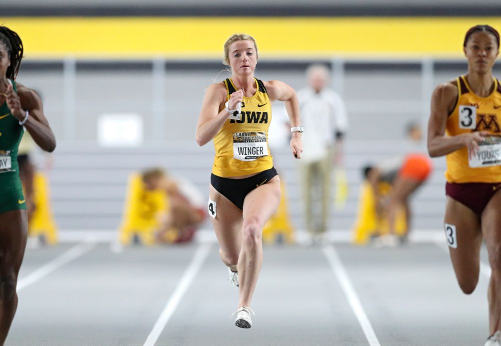 Iowa’s Sydney Winger runs the women’s 60 meter dash premier preliminary event during the Larry Wieczorek Invitational at the Recreation Building in Iowa City on Saturday, January 18, 2020. (Stephen Mally/hawkeyesports.com)