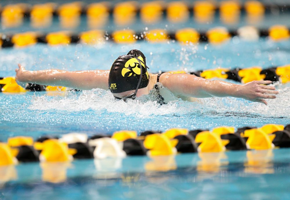 Iowa’s Kelsey Drake swims a 200 yard butterfly time trial during the 2020 Big Ten Women’s Swimming and Diving Championships at the Campus Recreation and Wellness Center in Iowa City on Wednesday, February 19, 2020. (Stephen Mally/hawkeyesports.com)
