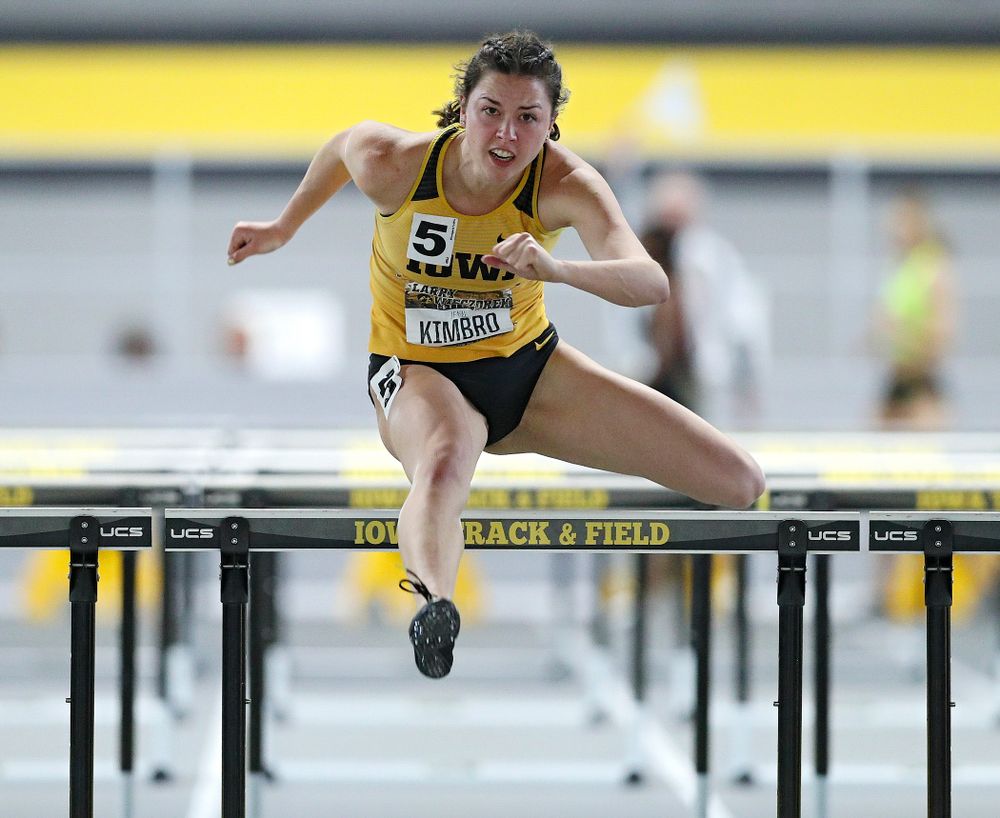 Iowa’s Jenny Kimbro runs the women’s 60 meter hurdles premier event during the Larry Wieczorek Invitational at the Recreation Building in Iowa City on Saturday, January 18, 2020. (Stephen Mally/hawkeyesports.com)