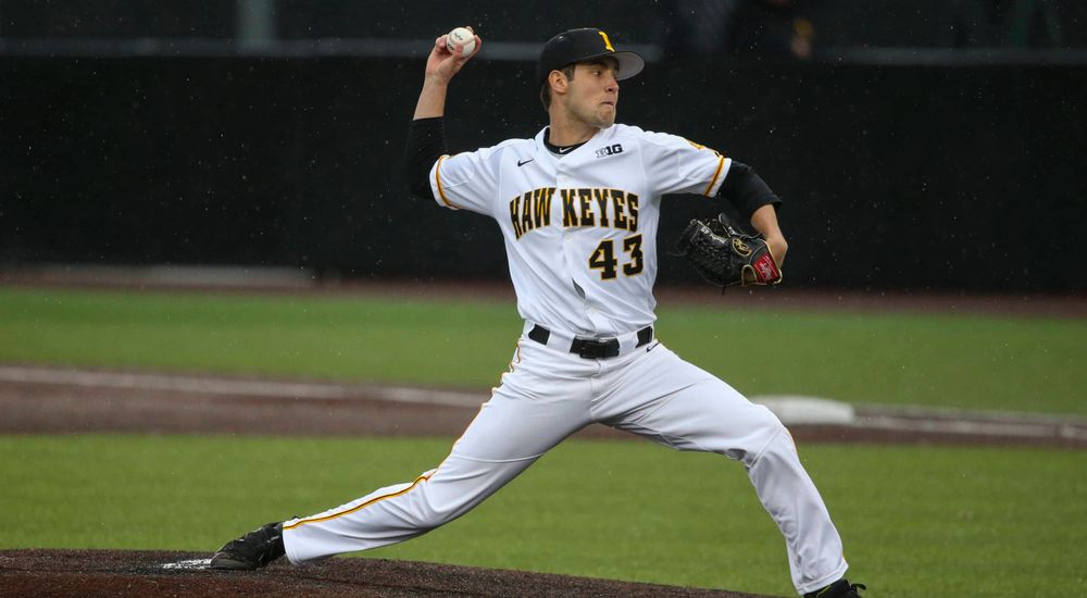 Iowa pitcher Grant Leonard at game 1 vs Illinois on Friday, March 29, 2019 at Duane Banks Field. (Lily Smith/hawkeyesports.com)