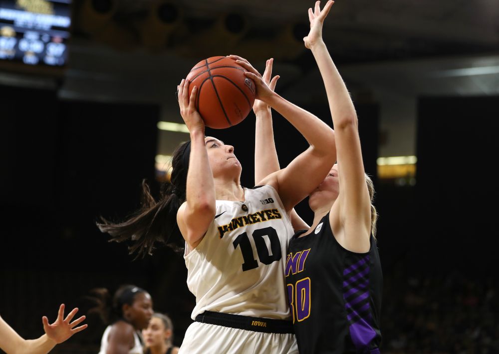 Iowa Hawkeyes forward Megan Gustafson (10) against the Northern Iowa Panthers in the Hy-Vee Classic Sunday, December 16, 2018 at Carver-Hawkeye Arena. (Brian Ray/hawkeyesports.com)
