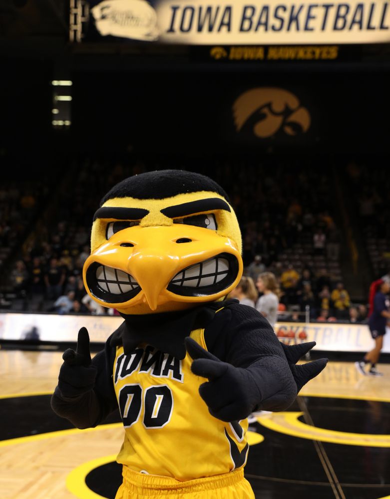 Herky The Hawk against the Robert Morris Colonials Sunday, December 2, 2018 at Carver-Hawkeye Arena. (Brian Ray/hawkeyesports.com)