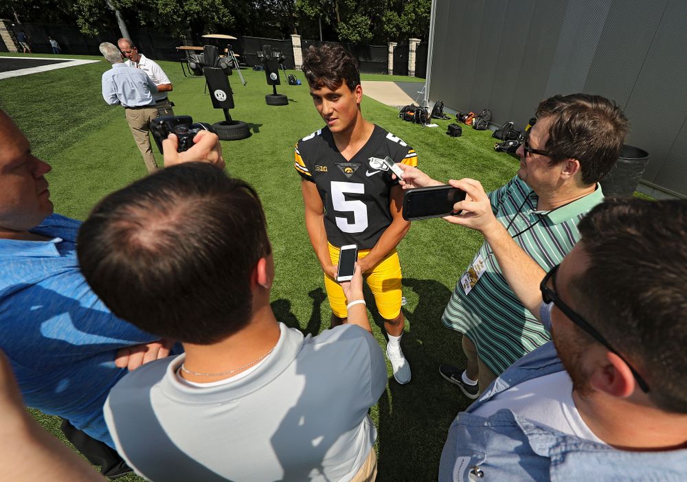 Iowa Hawkeyes wide receiver Oliver Martin (5) answers questions during Iowa Football Media Day at the Hansen Football Performance Center in Iowa City on Friday, Aug 9, 2019. (Stephen Mally/hawkeyesports.com)