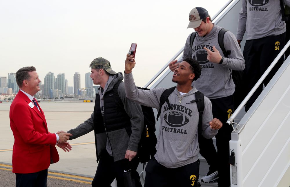 Iowa Hawkeyes wide receiver Tyrone Tracy Jr. (3) after arriving in San Diego, CA Saturday, December 21, 2019 for the Holiday Bowl. (Brian Ray/hawkeyesports.com)