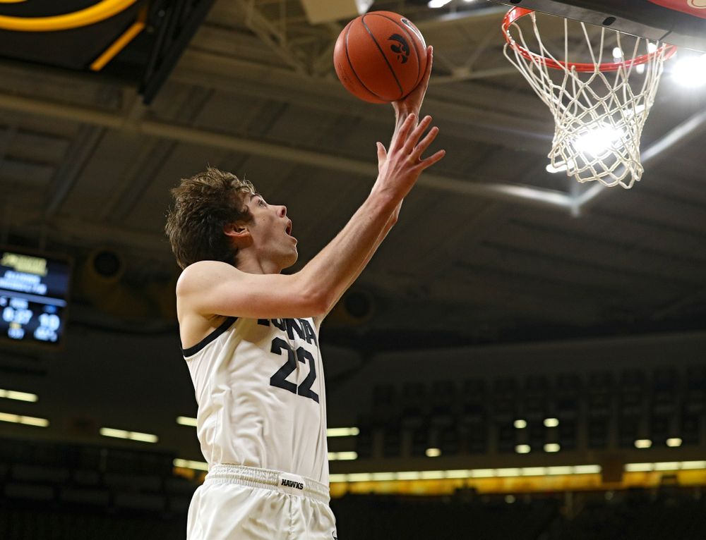 Iowa Hawkeyes forward Patrick McCaffery (22) makes a basket during the first half of their exhibition game against Lindsey Wilson College at Carver-Hawkeye Arena in Iowa City on Monday, Nov 4, 2019. (Stephen Mally/hawkeyesports.com)