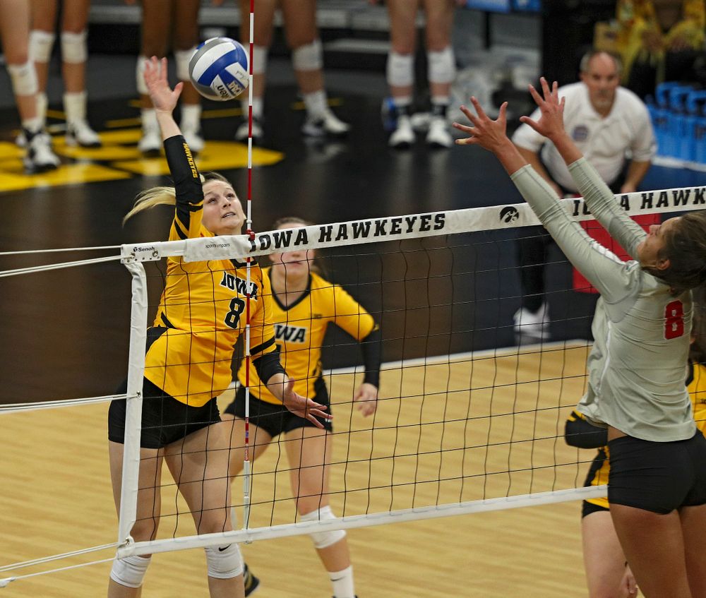 Iowa’s Kyndra Hansen (8) lines up a shot during the second set of their match at Carver-Hawkeye Arena in Iowa City on Friday, Nov 29, 2019. (Stephen Mally/hawkeyesports.com)