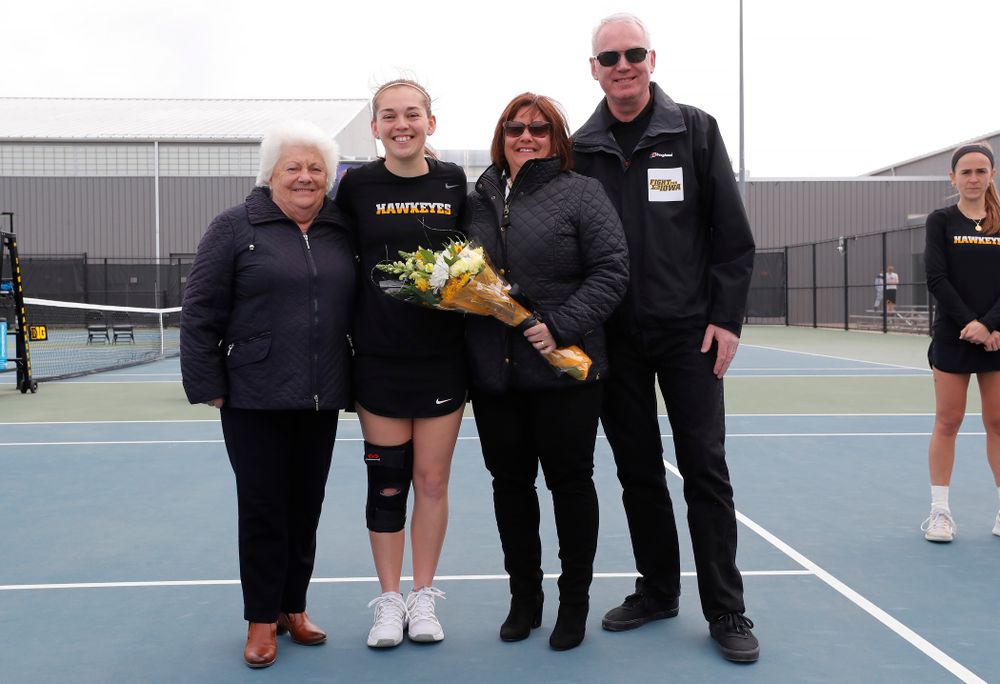 Iowa's Zoe Douglas during Senior Day activities before their match against the Wisconsin Badgers Sunday, April 22, 2018 at the Hawkeye Tennis and Recreation Center. (Brian Ray/hawkeyesports.com)