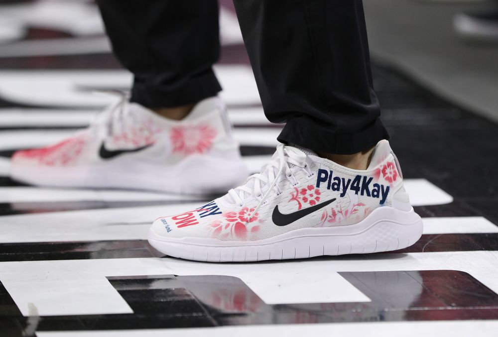 Iowa Hawkeyes head coach Lisa Bluder wears a special pair of shoes honoring the Kay Yow Cancer Fund during their game against the seventh ranked Maryland Terrapins Sunday, February 17, 2019 at Carver-Hawkeye Arena. (Brian Ray/hawkeyesports.com)
