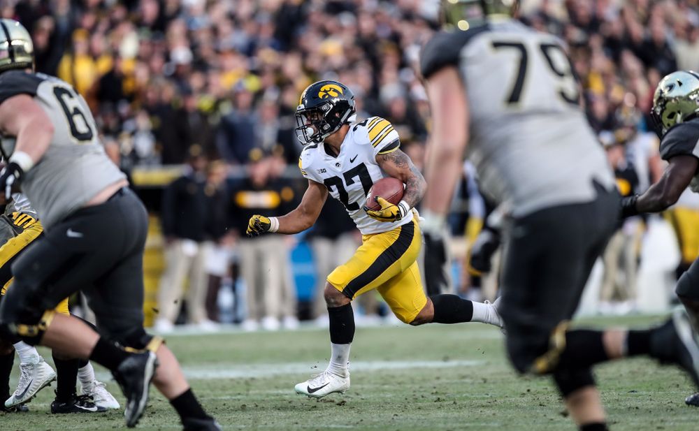 Iowa Hawkeyes defensive back Amani Hooker (27) intercepts a pass against the Purdue Boilermakers Saturday, November 3, 2018 Ross Ade Stadium in West Lafayette, Ind. (Max Allen/hawkeyesports.com)