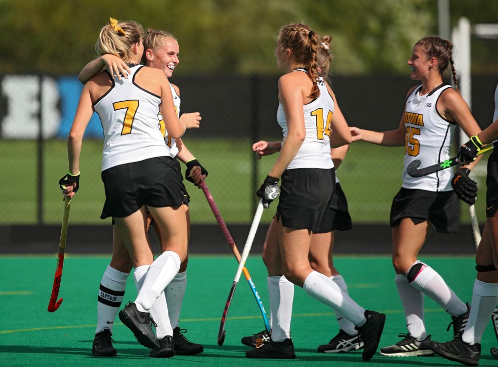 Iowa’s Katie Birch (11) celebrates with teammates after scoring a goal during the second quarter of their game at Grant Field in Iowa City on Friday, Sep 13, 2019. (Stephen Mally/hawkeyesports.com)