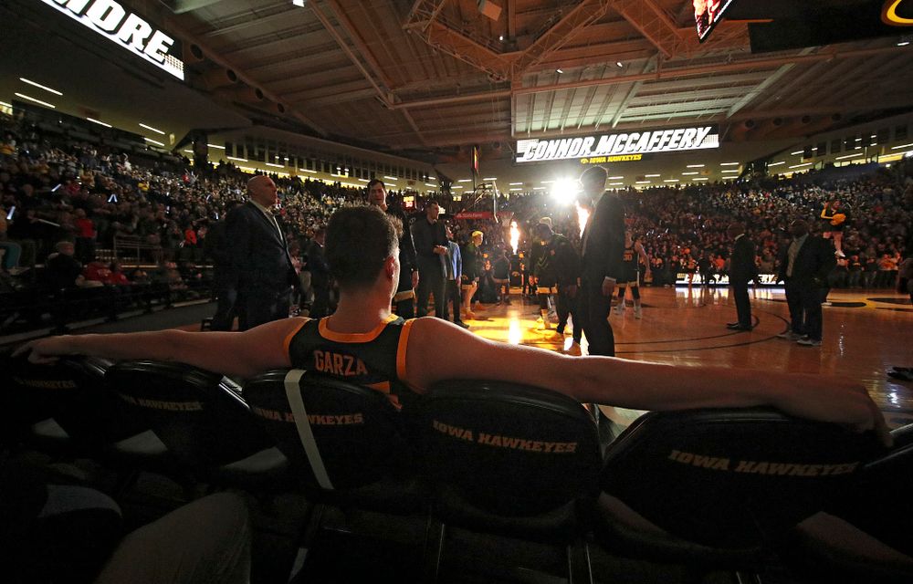 Iowa Hawkeyes center Luka Garza (55) waits to be introduced before their game at Carver-Hawkeye Arena in Iowa City on Monday, January 27, 2020. (Stephen Mally/hawkeyesports.com)