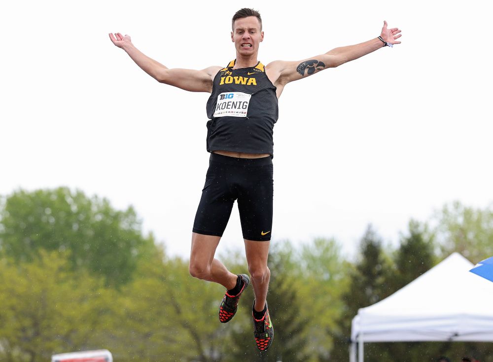 Iowa's Cooper Koenig jump in the men’s long jump event on the second day of the Big Ten Outdoor Track and Field Championships at Francis X. Cretzmeyer Track in Iowa City on Saturday, May. 11, 2019. (Stephen Mally/hawkeyesports.com)