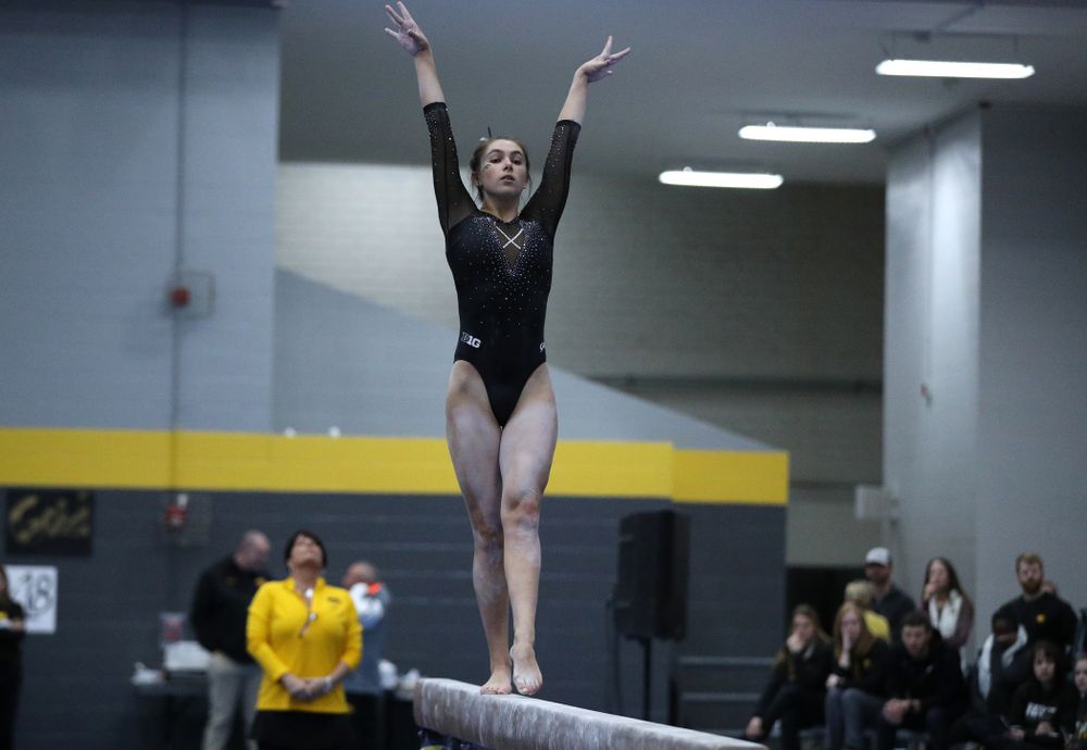 Bridget Killian competes on the beam during the Black and Gold intrasquad meet Saturday, December 1, 2018 at the University of Iowa Field House. (Brian Ray/hawkeyesports.com)