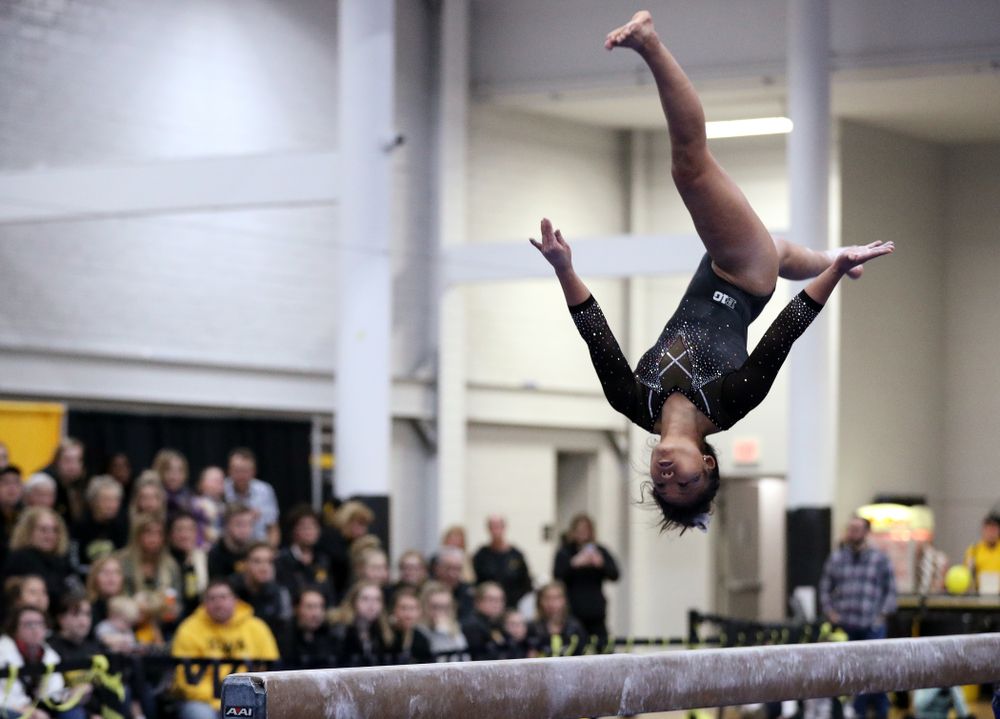 Misty Jade Carlson competes on the beam during the Black and Gold intrasquad meet Saturday, December 1, 2018 at the University of Iowa Field House. (Brian Ray/hawkeyesports.com)
